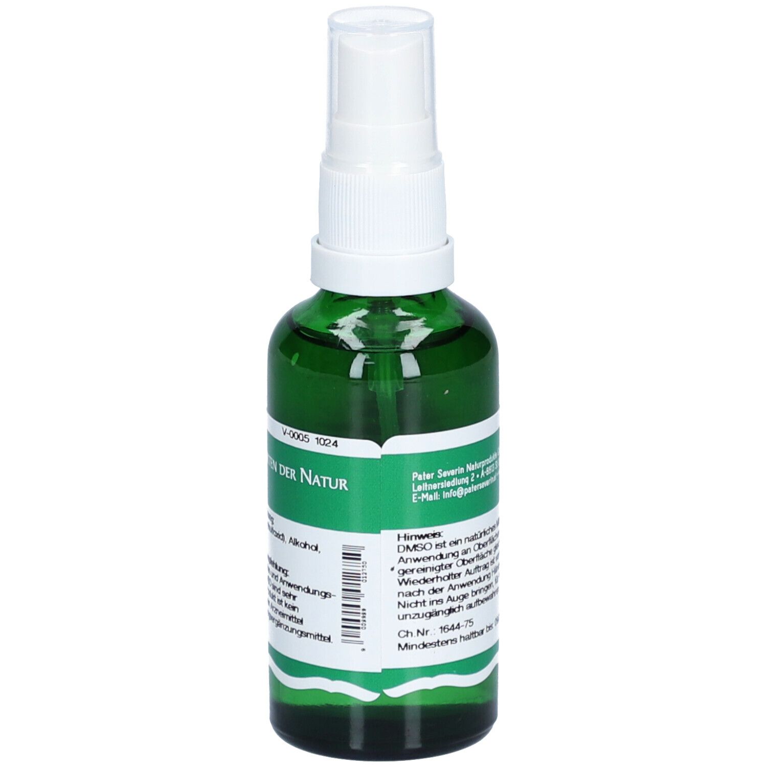 Flacon pulvérisateur vert avec tête blanche. Inscription: DMSO-Spray 50%. Code-barres et informations.