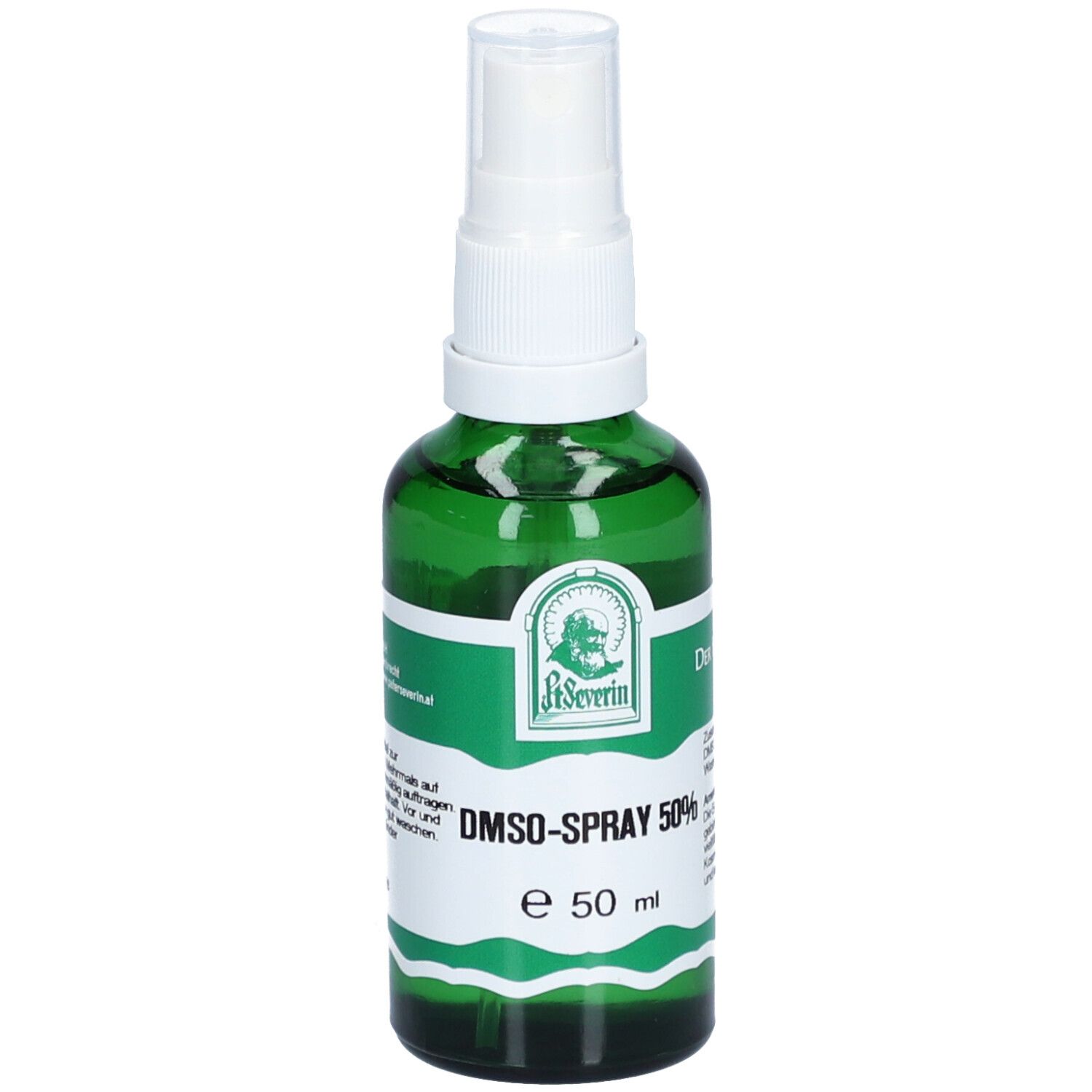 Flacon pulvérisateur vert avec tête blanche. Inscription: DMSO-Spray 50%. Logo: St. Severin.