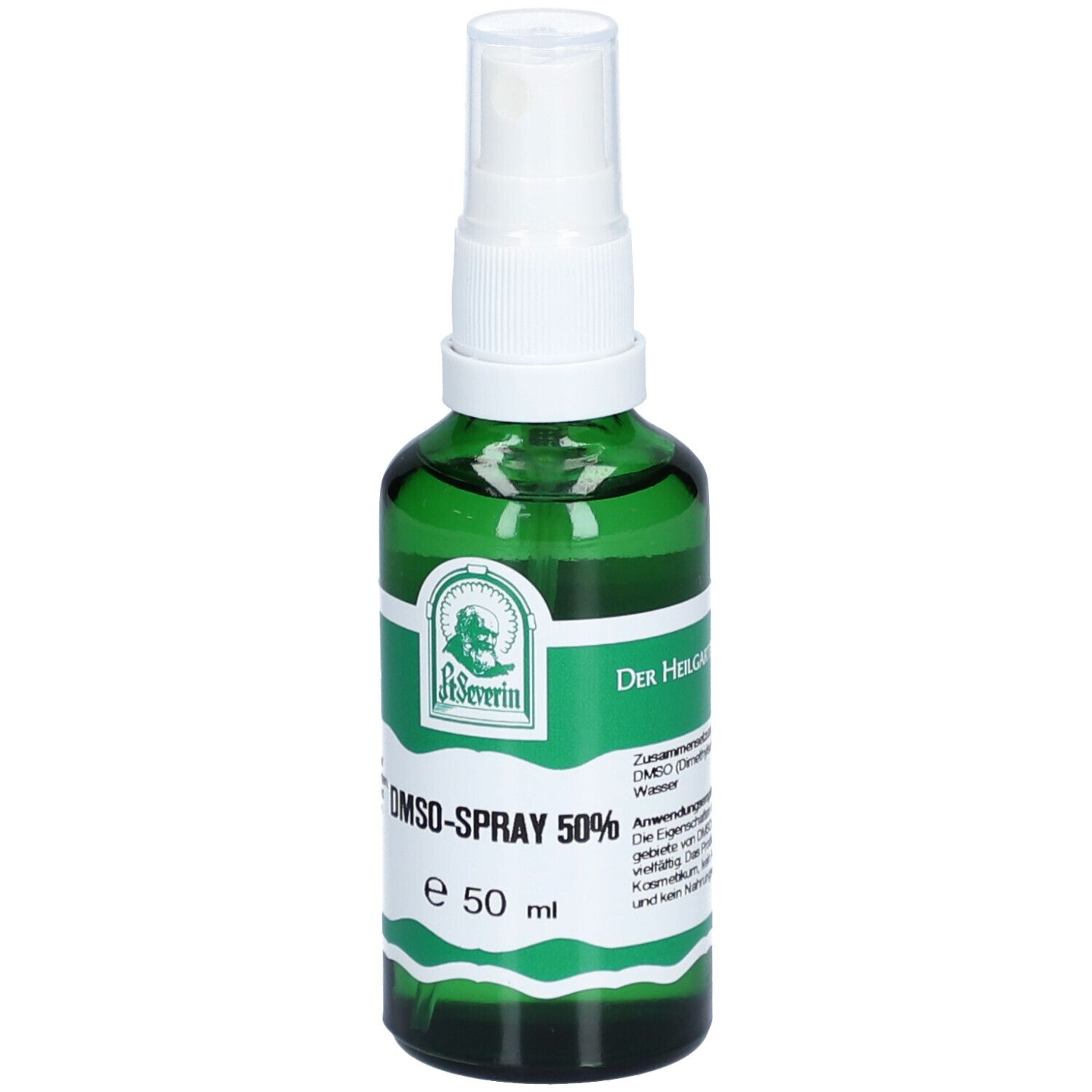 Flacon pulvérisateur vert avec tête blanche. Inscription: DMSO-Spray 50%. Logo: St. Severin.
