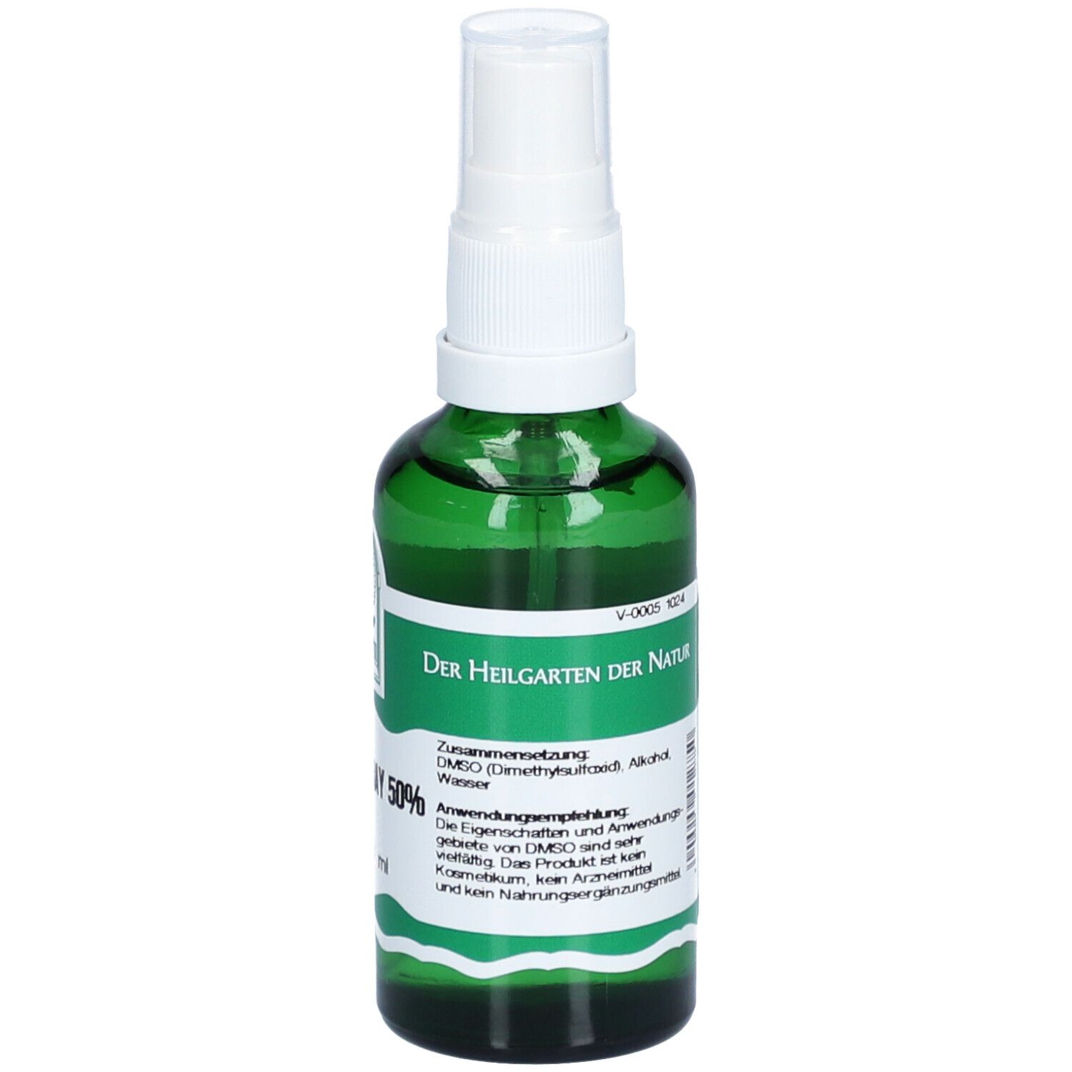 Flacon pulvérisateur vert avec tête blanche. Inscription: DMSO-Spray 50%. Informations et logo.