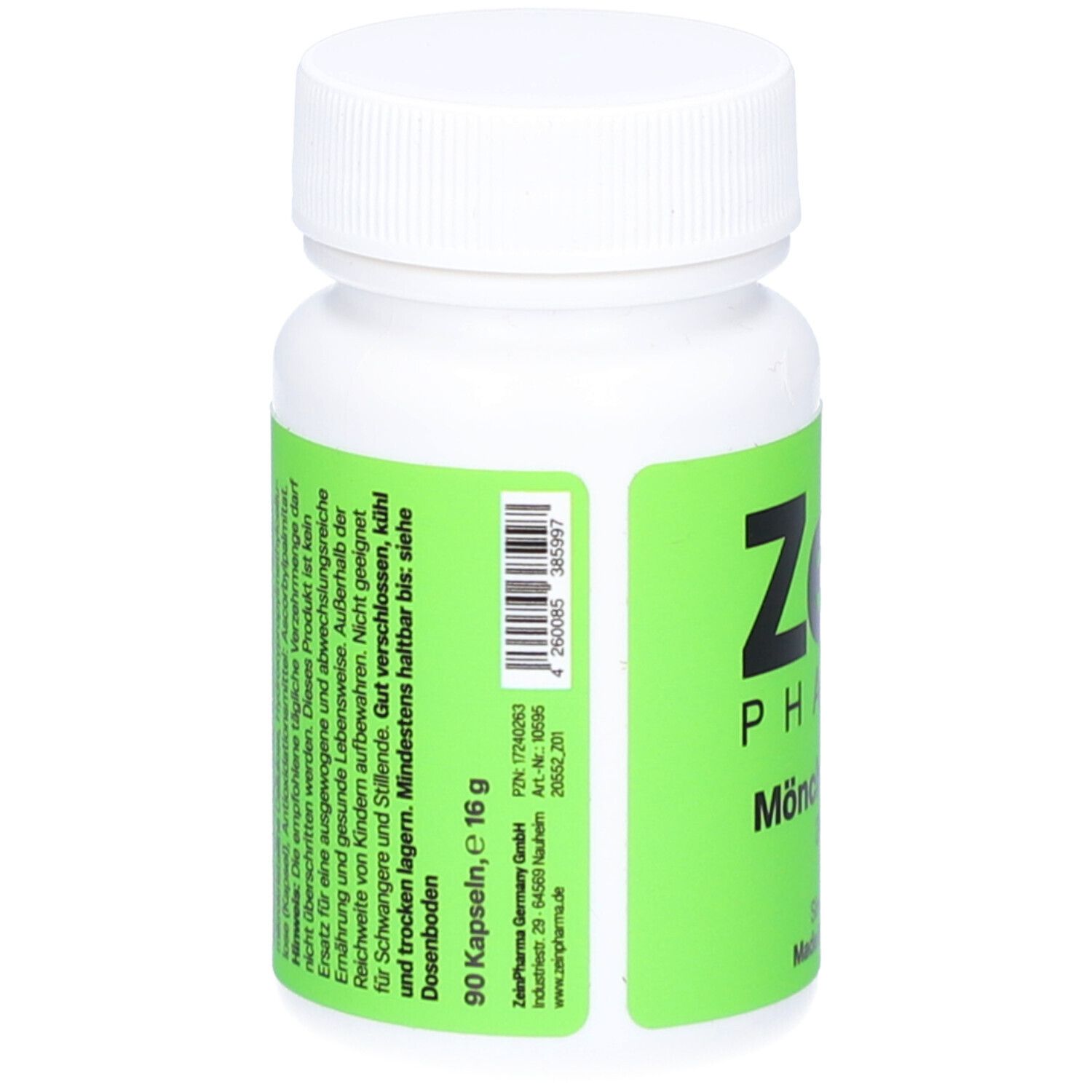 Dos du flacon blanc avec étiquette verte. Code-barres, 90 gélules, 16 g. Zein Pharma GmbH.
