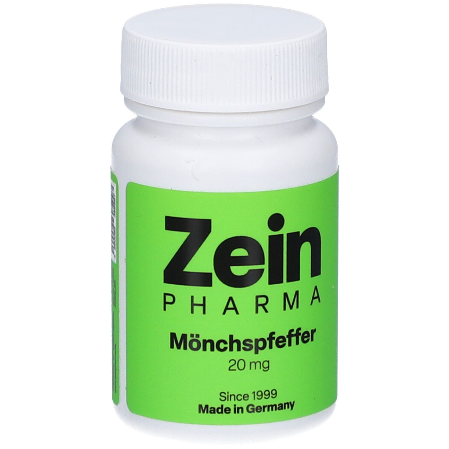 Flacon blanc avec étiquette verte. Zein Pharma, Gattilier 20 mg. Chaque jour est le vôtre.