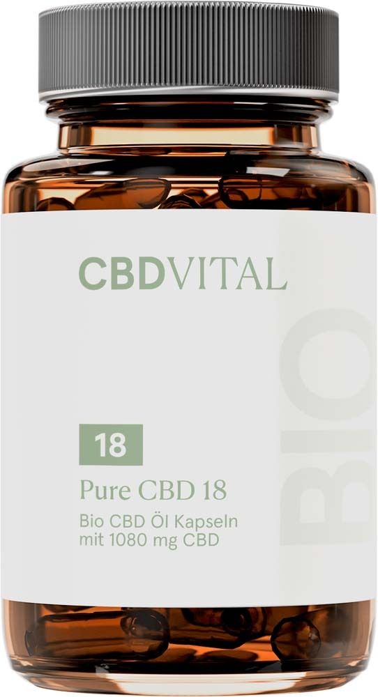 Braune Glasflasche mit CBD VITAL-Etikett. Kapseln sichtbar. Aufschrift: 18 Pure CBD 18 Bio CBD Öl Kapseln.