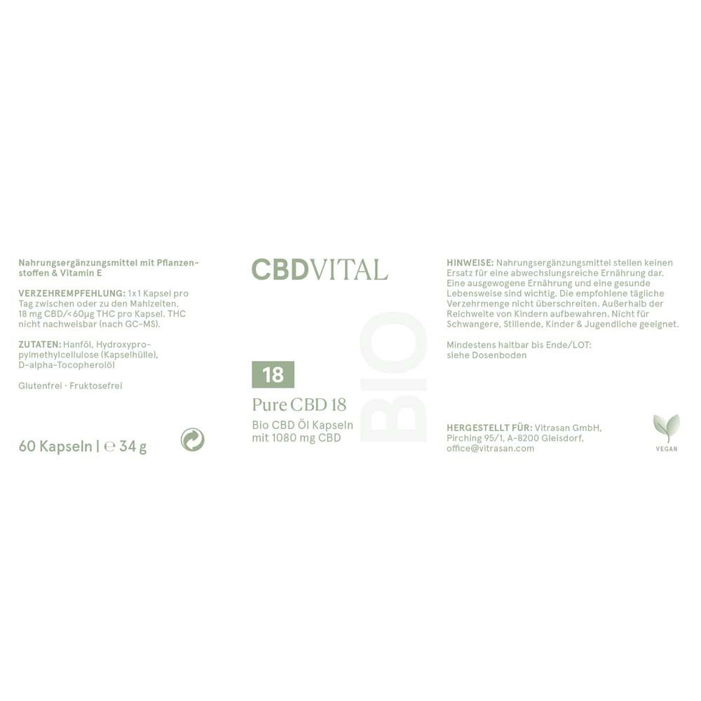 Etikett mit Informationen zu CBD VITAL 18 Kapseln. Enthält Angaben zu Inhaltsstoffen, Verzehrempfehlung und Hersteller.