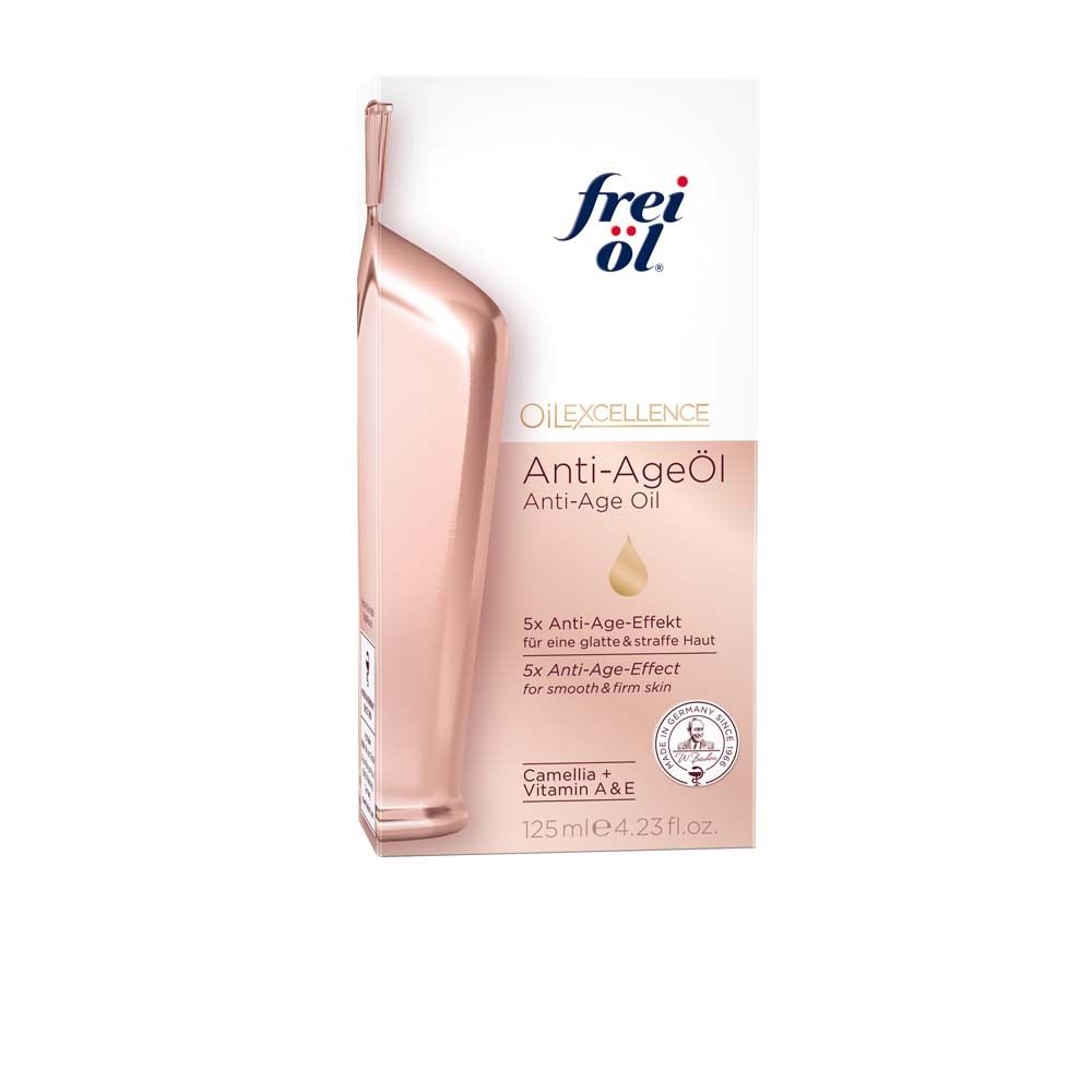 Frei Öl Anti-Age Öl. Flasche und Verpackung. Rosa Flasche mit Produktnamen und Logo. Verpackung mit Produktabbildung.