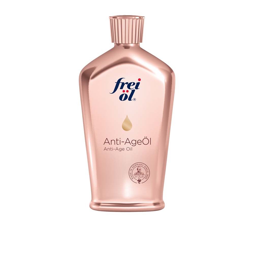 Frei Öl Anti-Age Öl. Rosa Flasche mit Tropfen-Symbol und Logo. Produktname und Anti-Age Öl Schriftzug.