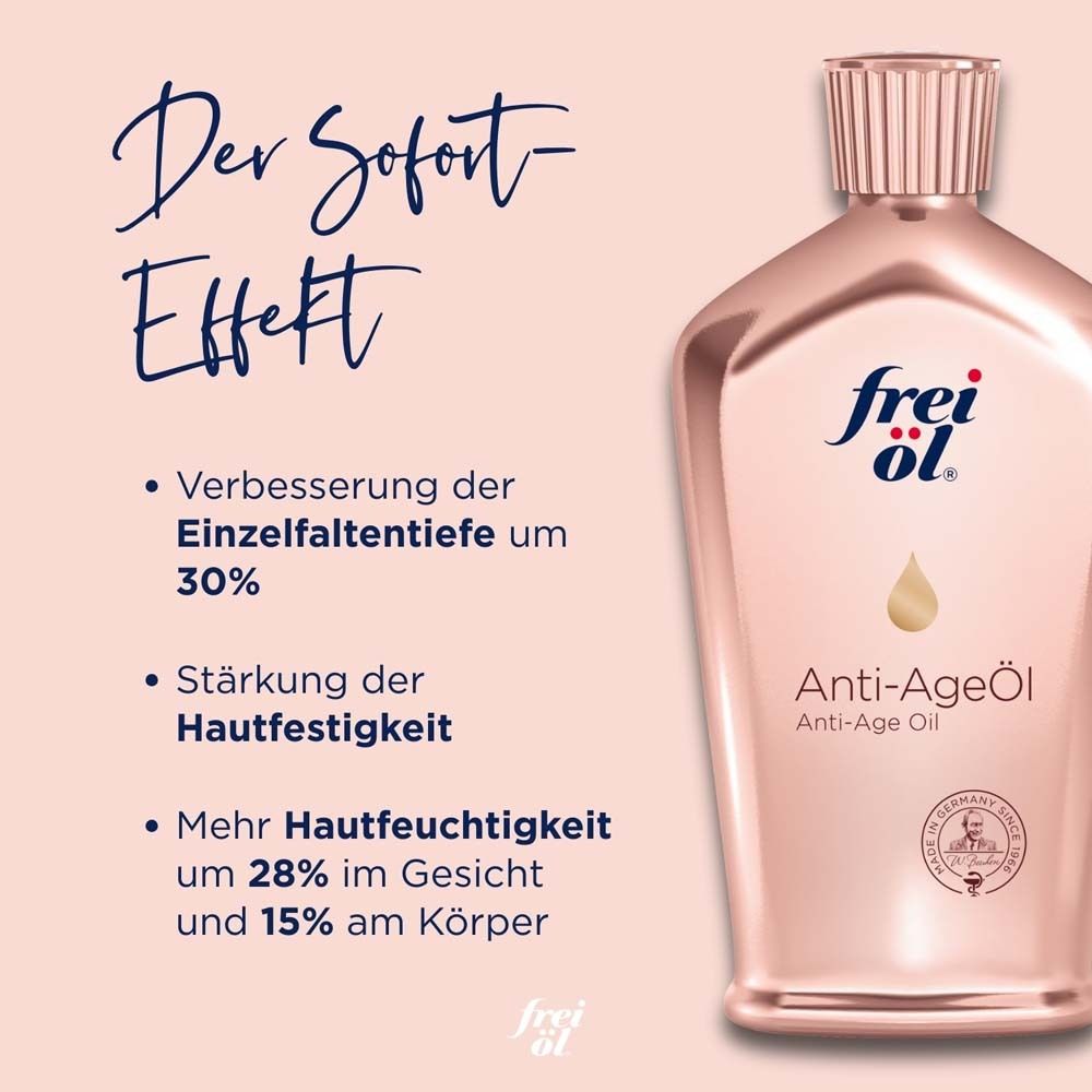 Frei Öl Anti-Age Öl. Produktflasche mit Text. Text: Der Sofort-Effekt, Verbesserung der Faltentiefe, Hautfestigkeit, Hautfeuchtigkeit.