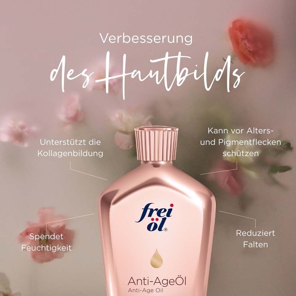 Frei Öl Anti-Age Öl. Produktflasche mit Text. Verbesserung des Hautbilds. Unterstützt Kollagenbildung, spendet Feuchtigkeit, reduziert Falten.
