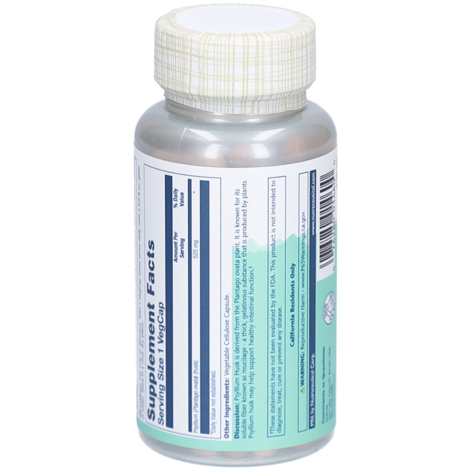 Rückseite der Solaray Psyllium Husk-Kapsel-Flasche. Nährwertangaben. Zutaten: Flohsamenschalen. Warnhinweis.