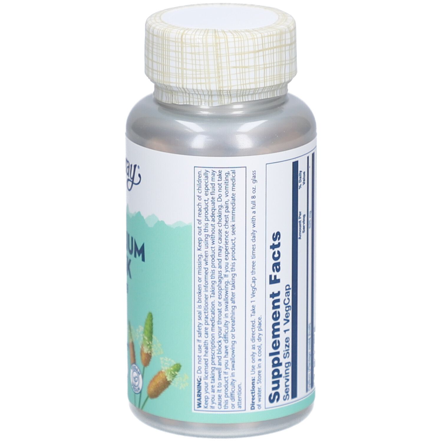 Rückseite der Solaray Psyllium Husk-Kapsel-Flasche. Gebrauchsanweisung: 3 mal täglich mit 240 ml Wasser. Nährwertangaben.