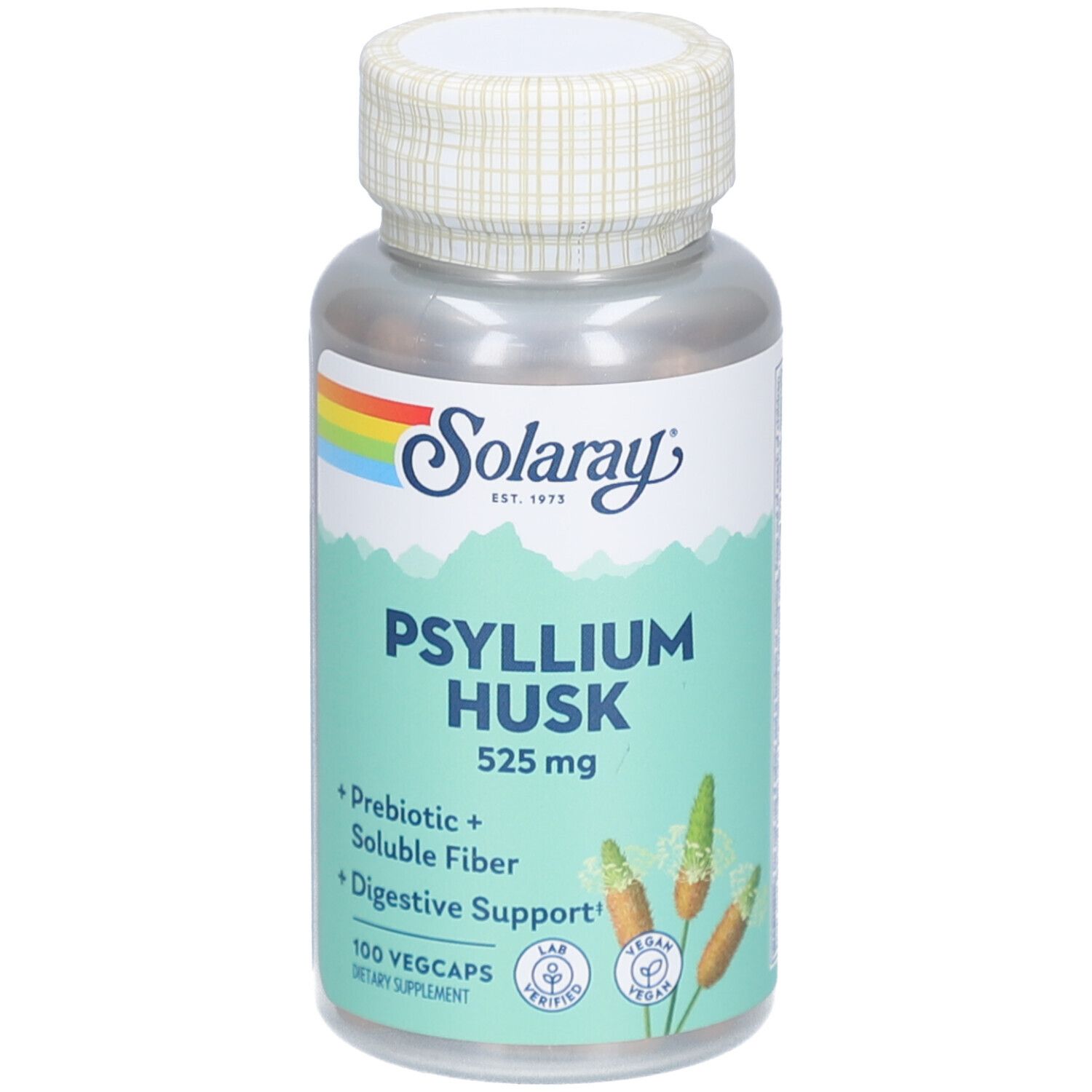 Solaray Psyllium Husk-Kapsel-Flasche. 525 mg. 100 Vegcaps. Prebiotisch, lösliche Ballaststoffe, Verdauungsunterstützung. Vegan.