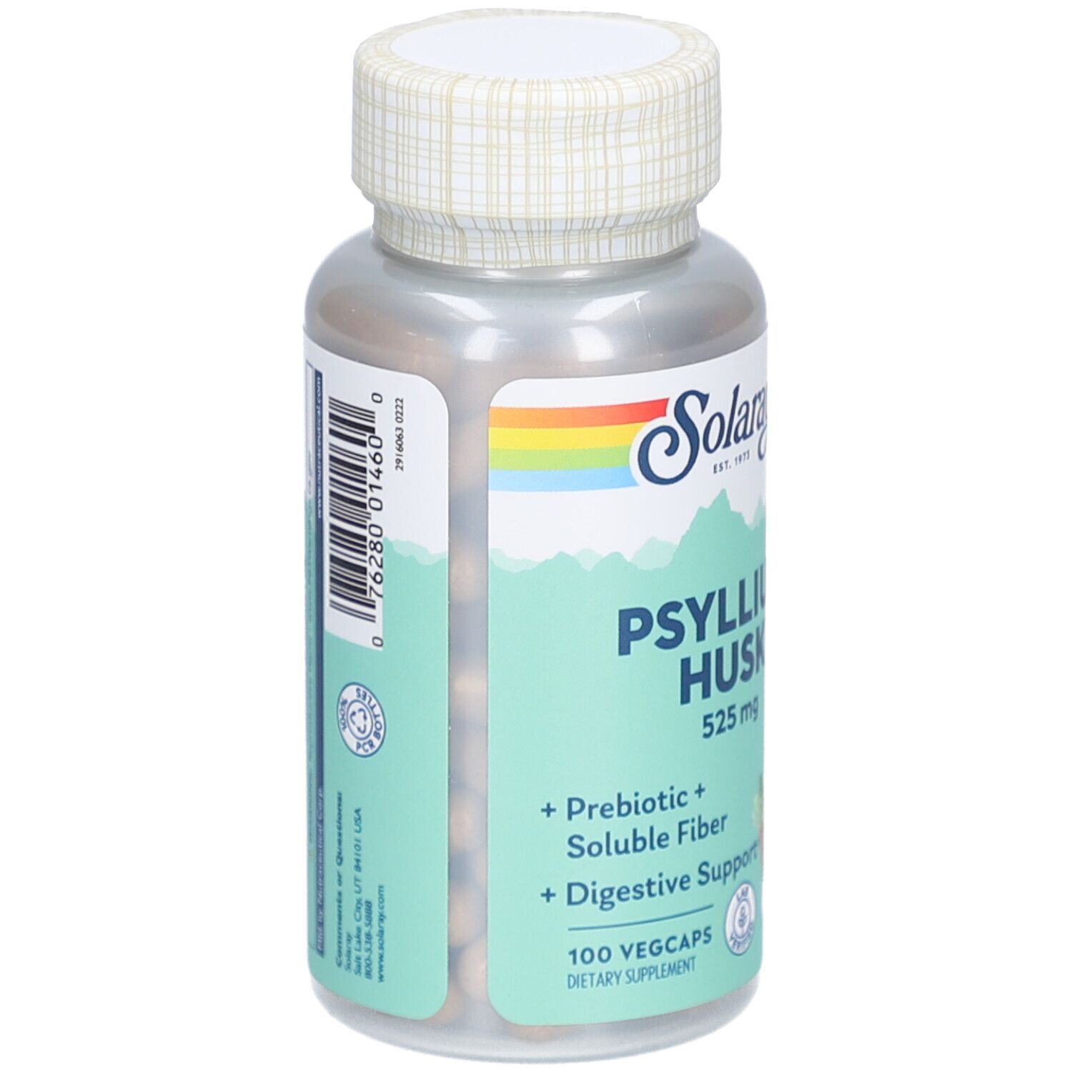 Solaray Psyllium Husk-Kapsel-Flasche. 525 mg. 100 Vegcaps. Prebiotisch, lösliche Ballaststoffe, Verdauungsunterstützung. Vegan.