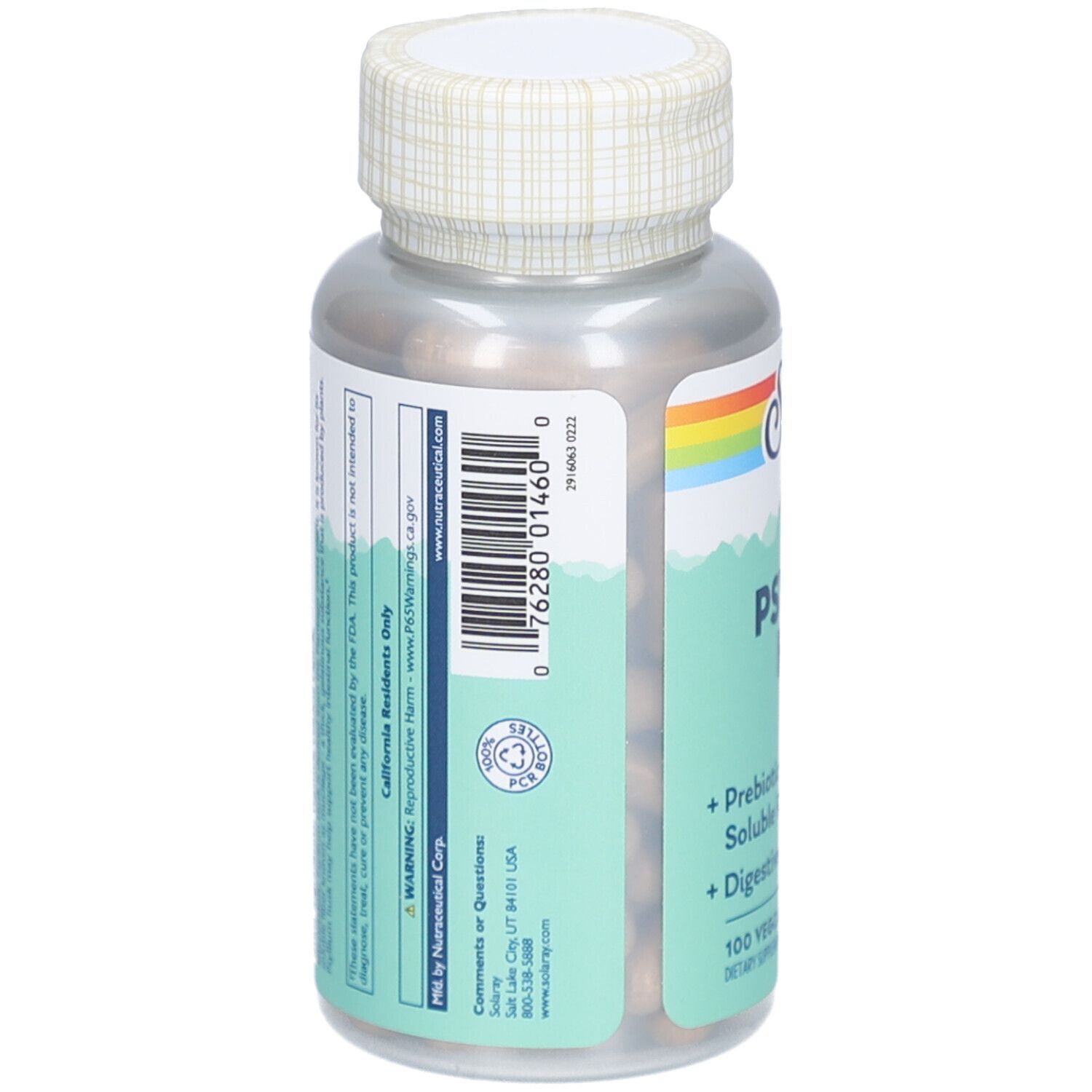 Rückseite der Solaray Psyllium Husk-Kapsel-Flasche. Nährwertangaben. Warnhinweis. Kontaktinformationen.