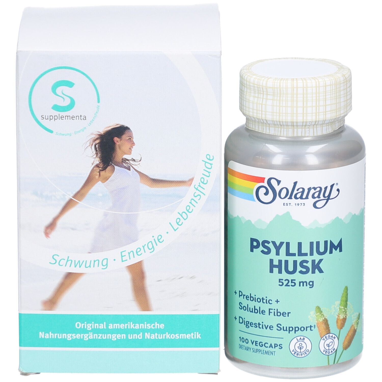 Solaray Psyllium Husk-Kapsel-Flasche und Schachtel. Schachtel mit Frau. Original amerikanische Nahrungsergänzungen und Naturkosmetik.