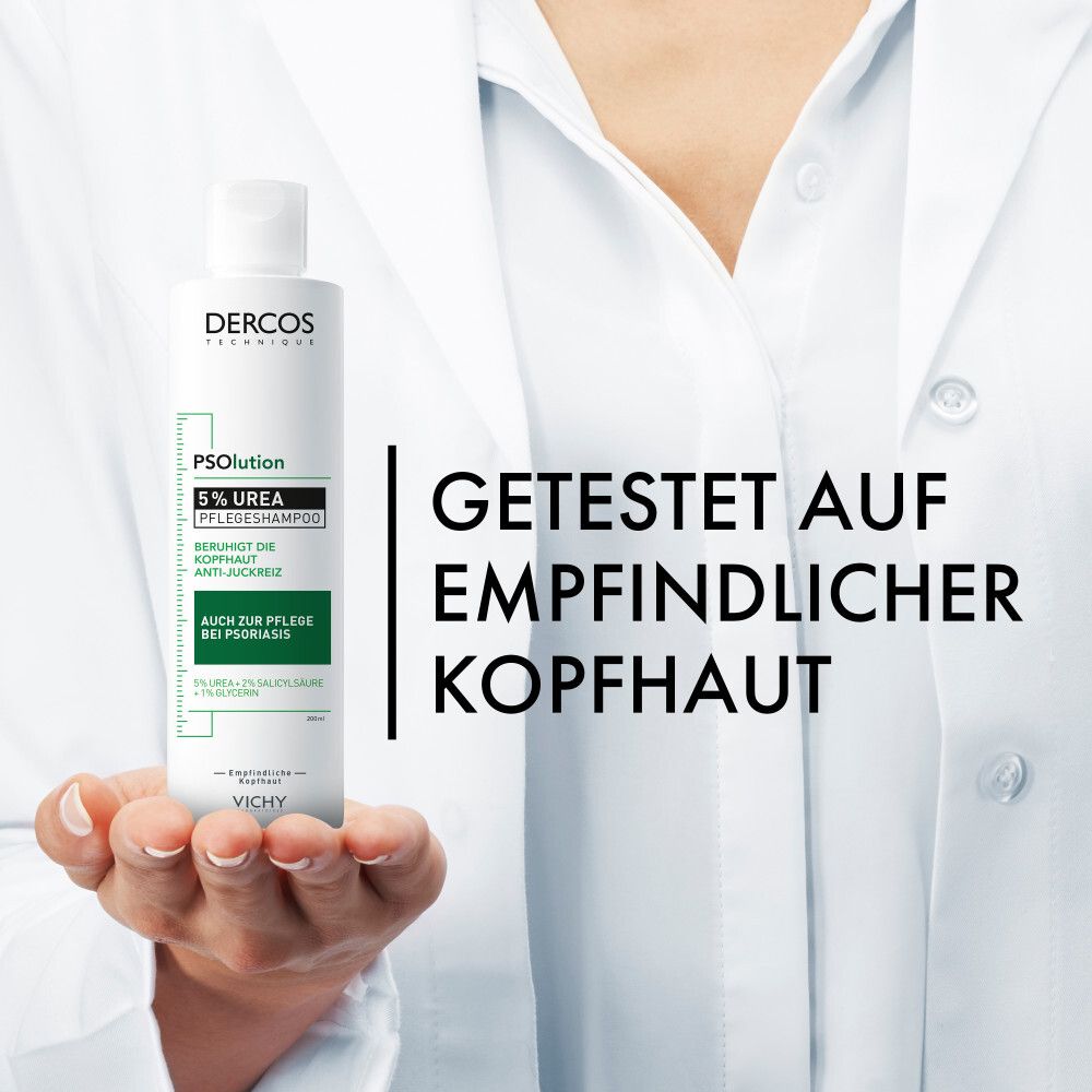 Dercos PSolution shampooing. Flacon. Testé sur cuirs chevelus sensibles. Blouse blanche.