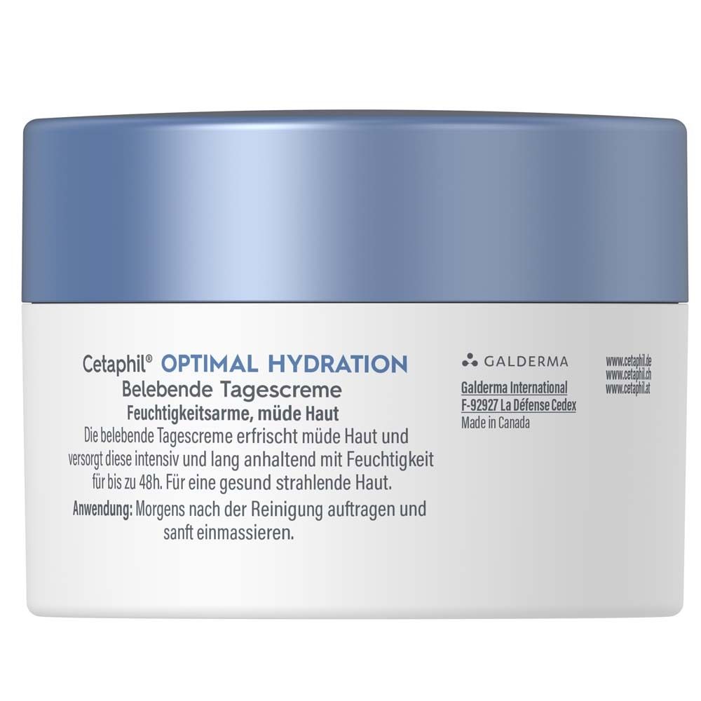 Creme-Tiegel mit blauem Deckel. Text: Cetaphil Optimal Hydration, Belebende Tagescreme, 48g.