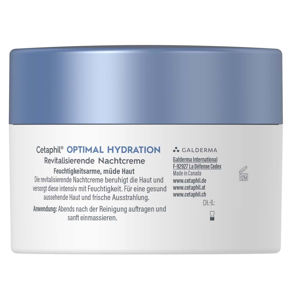 Dos du pot de crème. Texte: Cetaphil Optimal Hydration Crème de nuit revitalisante.