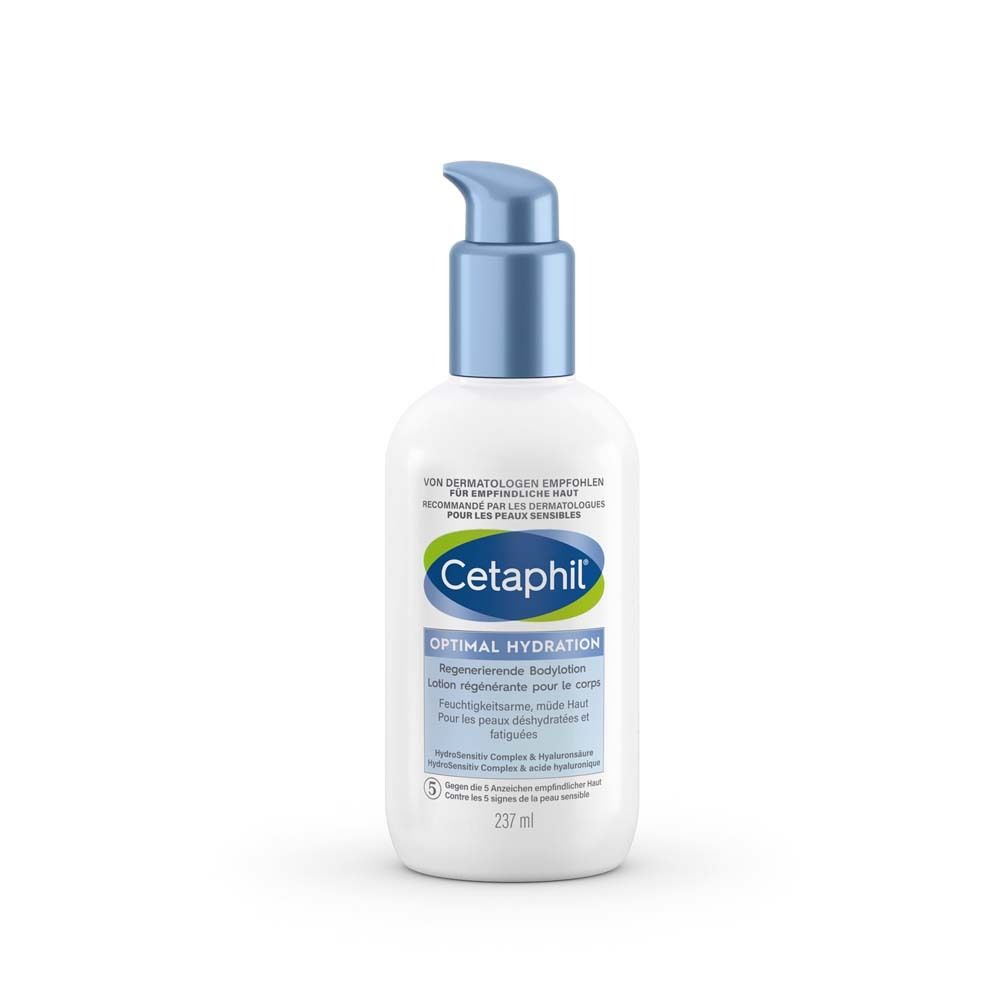 Weiße Flasche mit blauem Pumpkopf. Enthält Cetaphil Optimal Hydration Bodylotion. Text: Dermatologen empfohlen.