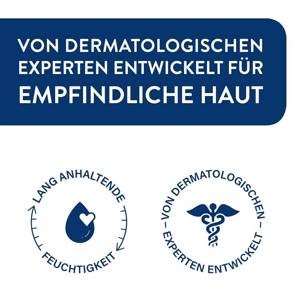 Blaues Feld mit Text und Logos. Text: Von dermatologischen Experten entwickelt für empfindliche Haut.