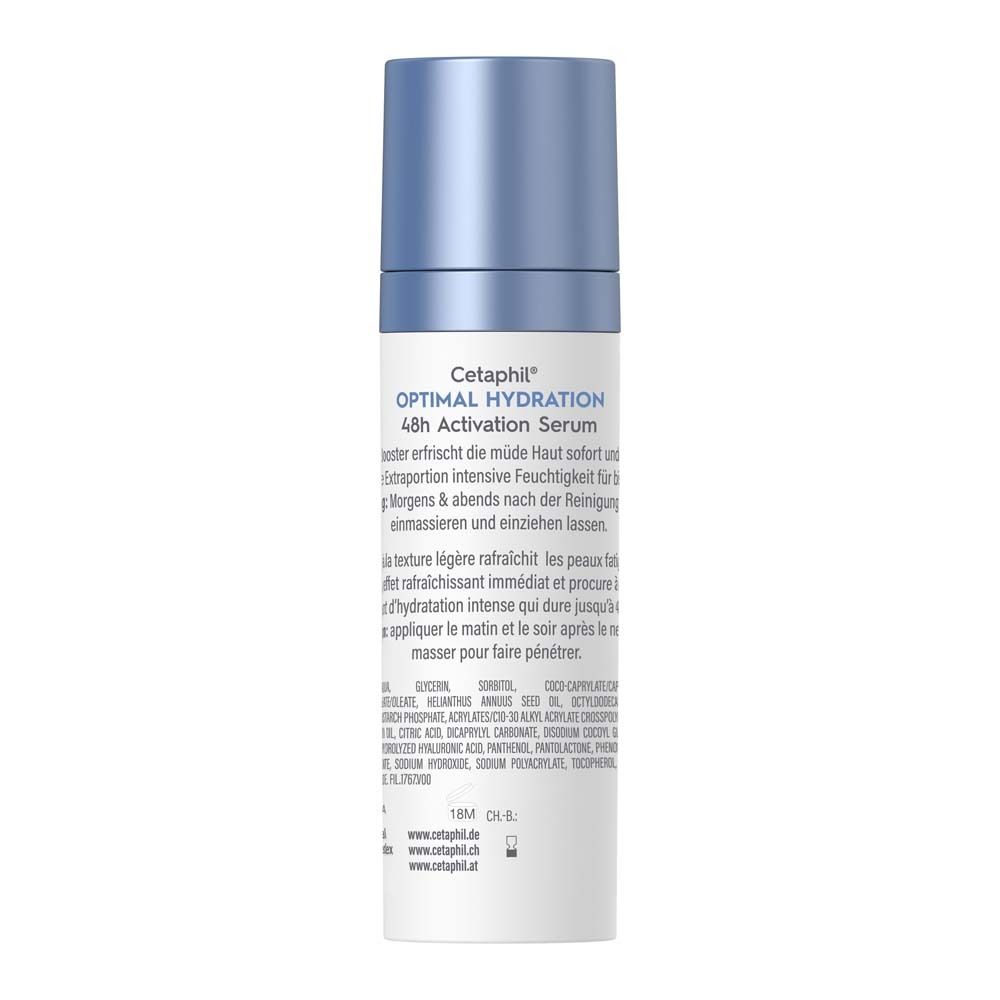 Dos du flacon de sérum. Texte : Cetaphil Optimal Hydration 48h Activation Serum. Ingrédients.
