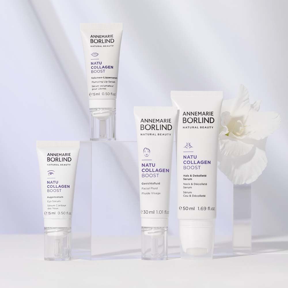 Différents tubes et flacons. Marque : ANNEMARIE BÖRLIND. Produits : NATU COLLAGEN BOOST, soin des yeux, fluide visage.