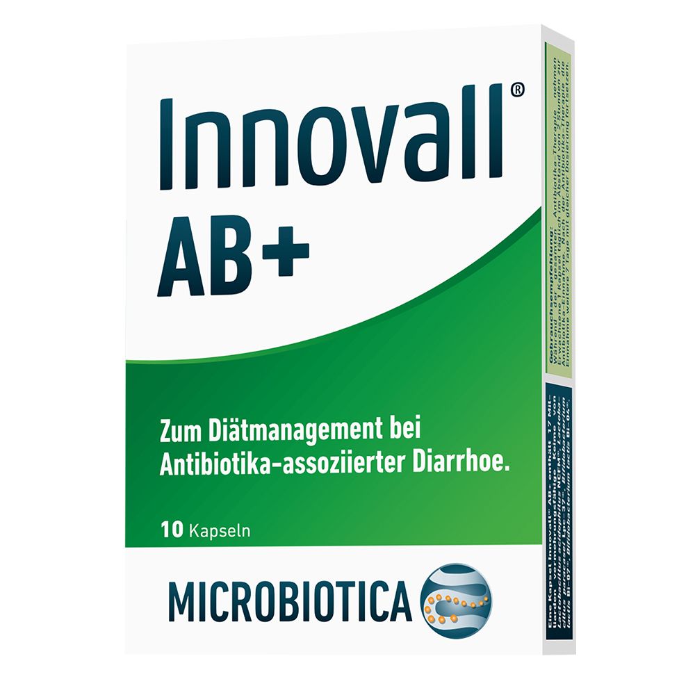 Schachtel mit Innovall AB+ Kapseln. Aufschrift: Zum Diätmanagement bei Antibiotika-assoziierter Diarrhoe. 10 Kapseln. MICROBIOTICA.