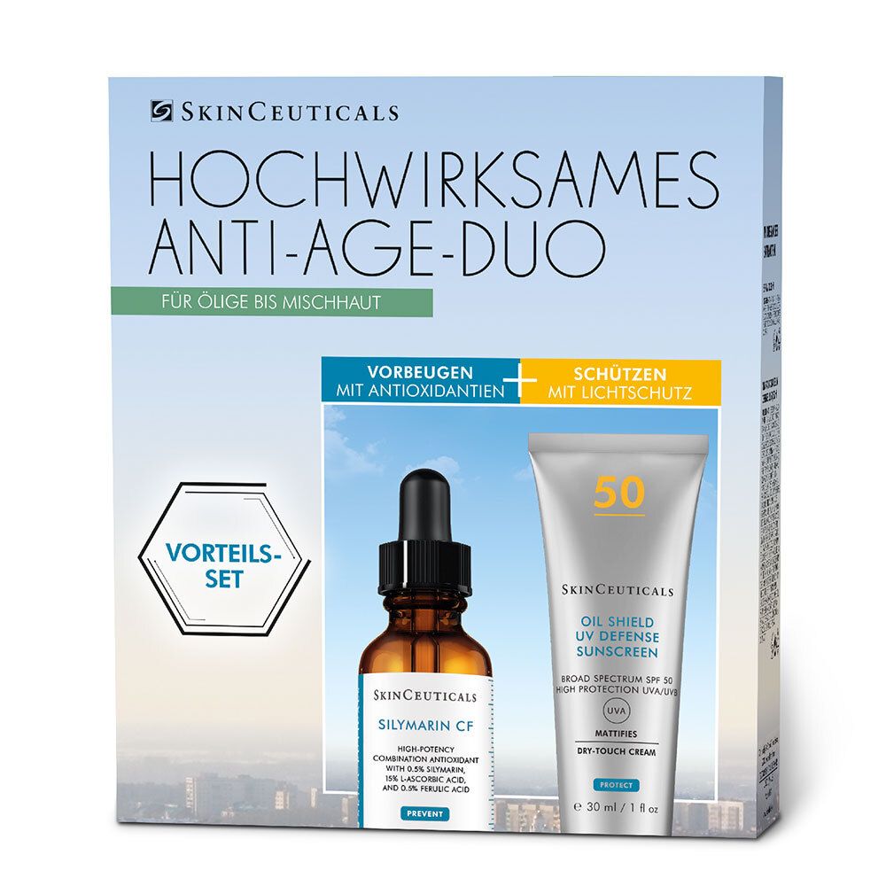 Duo anti-âge Skinceuticals. Coffret avec sérum et crème solaire. Flacon brun, tube blanc. Emballage avec logo et nom du produit.