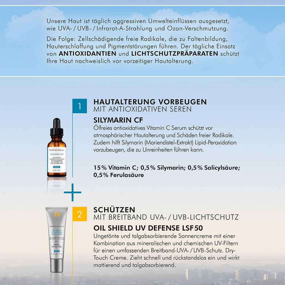 Infographie : Prévenir le vieillissement cutané avec des antioxydants et protéger avec une protection solaire. Produits : sérum et crème.