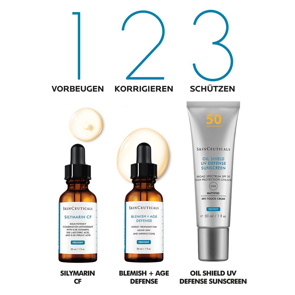 Trois produits : sérum, sérum et crème solaire. Étiquettes : Prévenir, Corriger, Protéger. Logos et noms de produits.