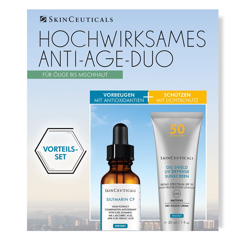 Duo anti-âge Skinceuticals. Coffret avec sérum et crème solaire. Flacon brun, tube blanc. Emballage avec logo et nom du produit.