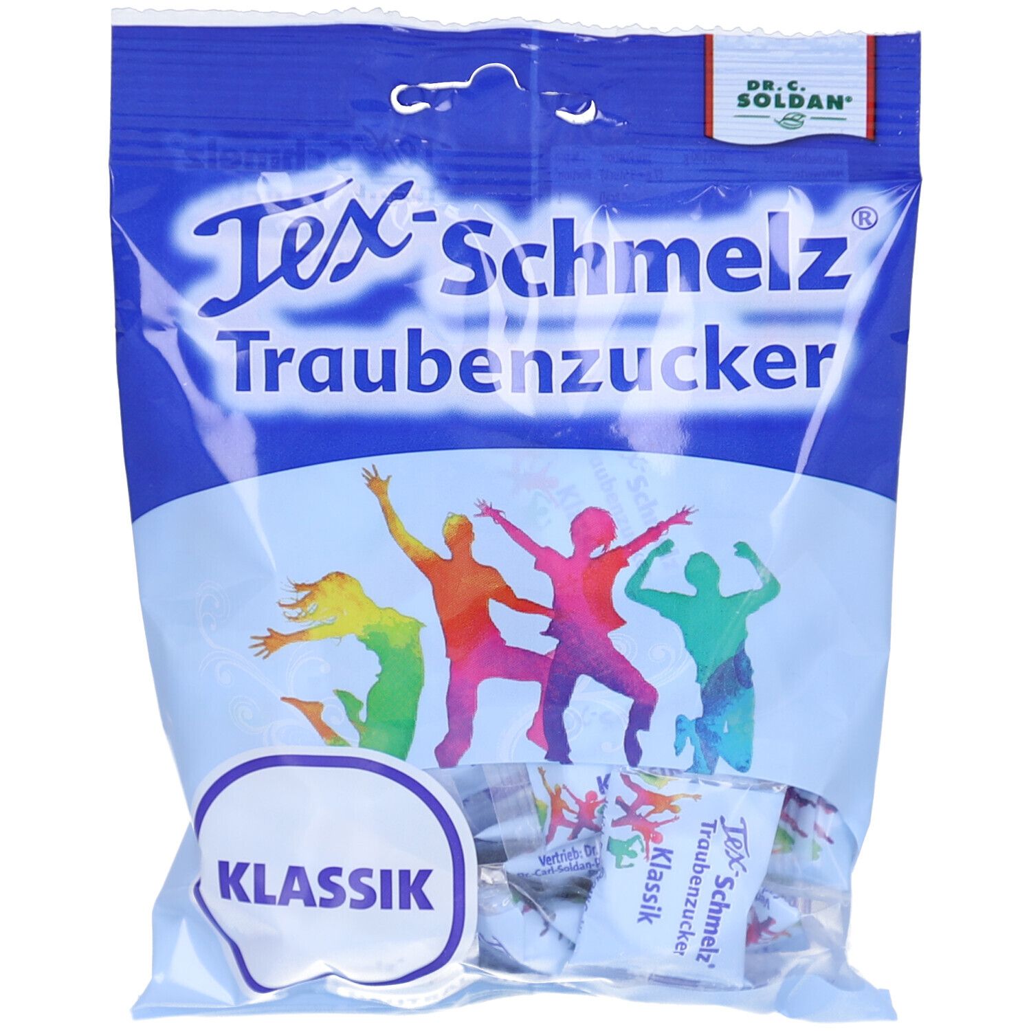 Sachet de Tex-Schmelz Traubenzucker Klassik. Illustration multicolore de personnes. Logo Dr. C. Soldan.