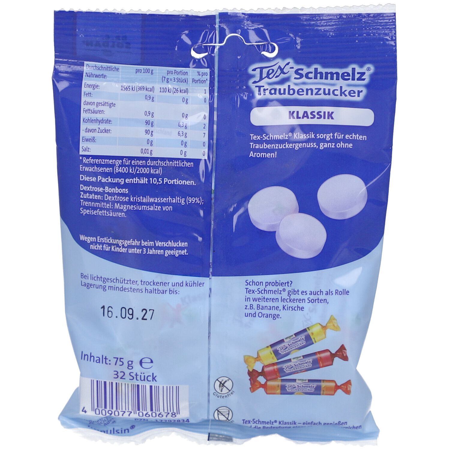 Dos du paquet de Tex-Schmelz Traubenzucker Klassik. Contient des informations nutritionnelles et sur le produit.