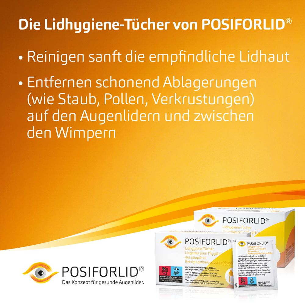 Texte sur fond jaune : POSIFORLID® Lidhygiene-Tücher. Nettoie la peau des paupières. Élimine les dépôts.