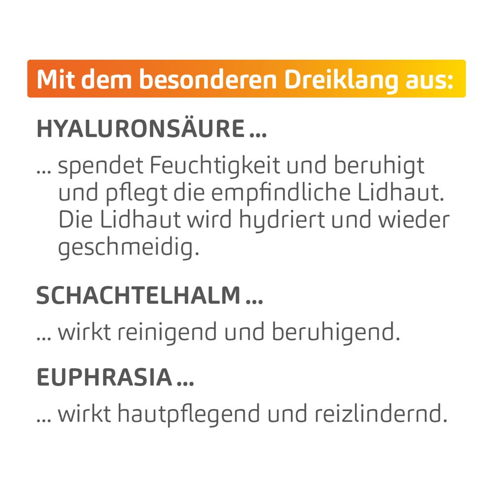 Texte sur fond jaune : Acide hyaluronique, prêle, euphraise. Hydratation, nettoyage, soin, apaisant.