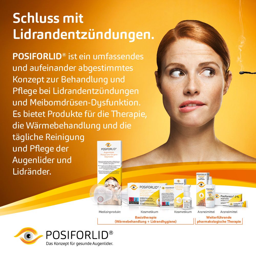 Femme avec blépharite. Produits : POSIFORLID® Lidhygiene-Tücher, masque oculaire, spray oculaire. Concept pour paupières saines.