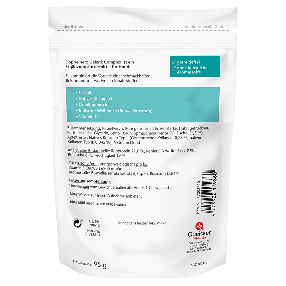 Rückseite der Verpackung von Doppelherz für Tiere Gelenk Complex. Textinformationen und Inhaltsstoffe sind sichtbar.