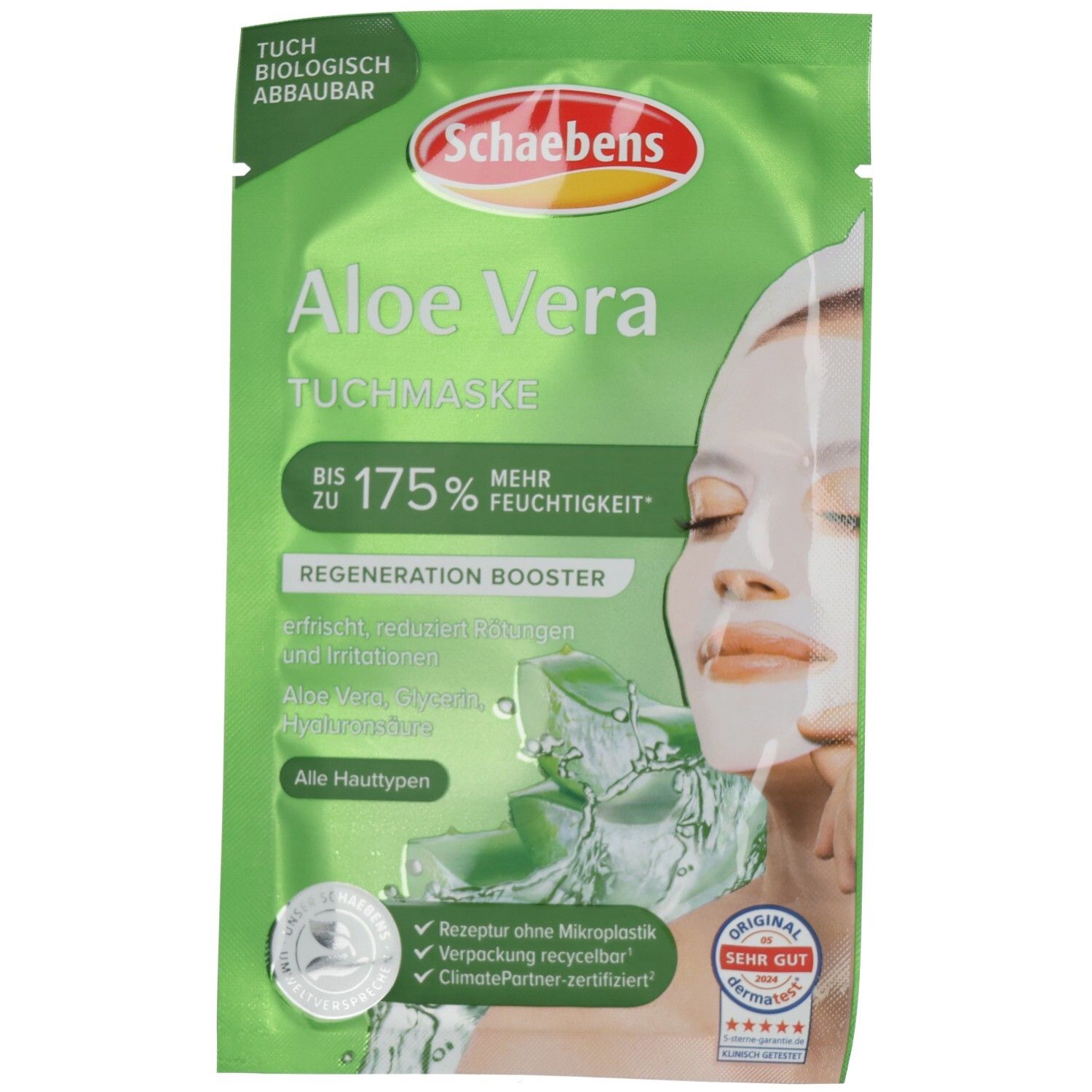 Emballage vert avec nom et logo du produit. Masque en tissu à l'aloe vera. Femme portant un masque. Texte : Jusqu'à 175% d'hydratation en plus. Certifications.