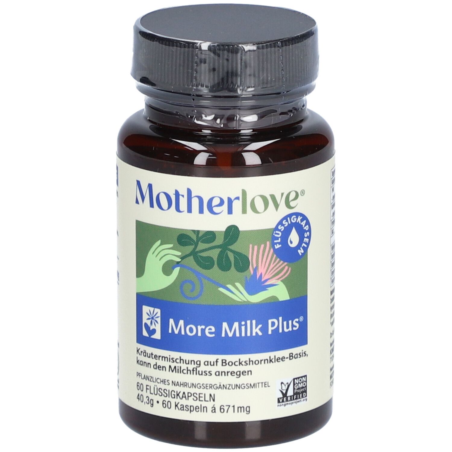 Braune Flasche mit schwarzem Deckel. Aufschrift: Motherlove More Milk Plus. 60 Kapseln. Mit Zertifizierung.
