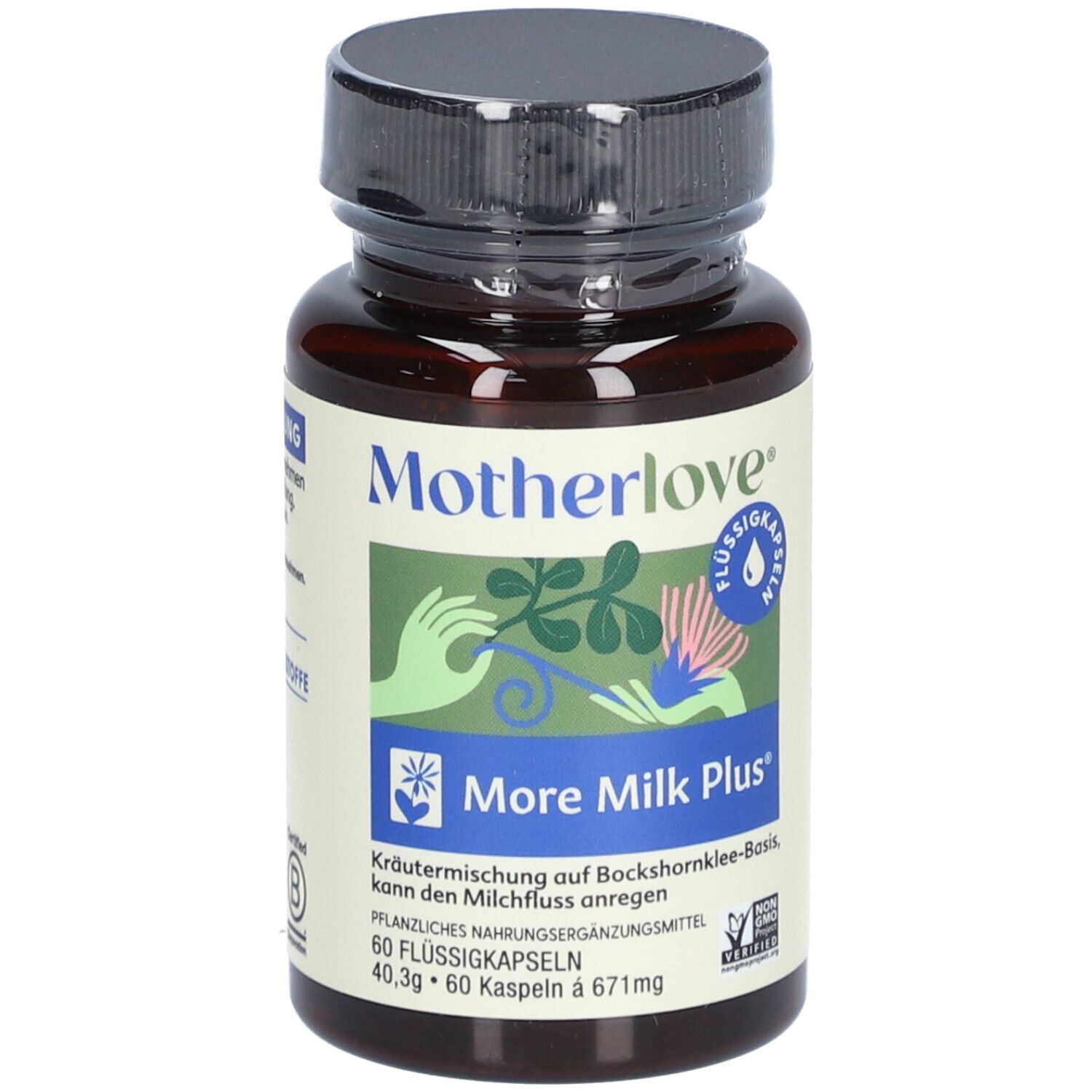 Braune Flasche mit schwarzem Deckel. Aufschrift: Motherlove More Milk Plus. 60 Kapseln. Mit Zertifizierung.