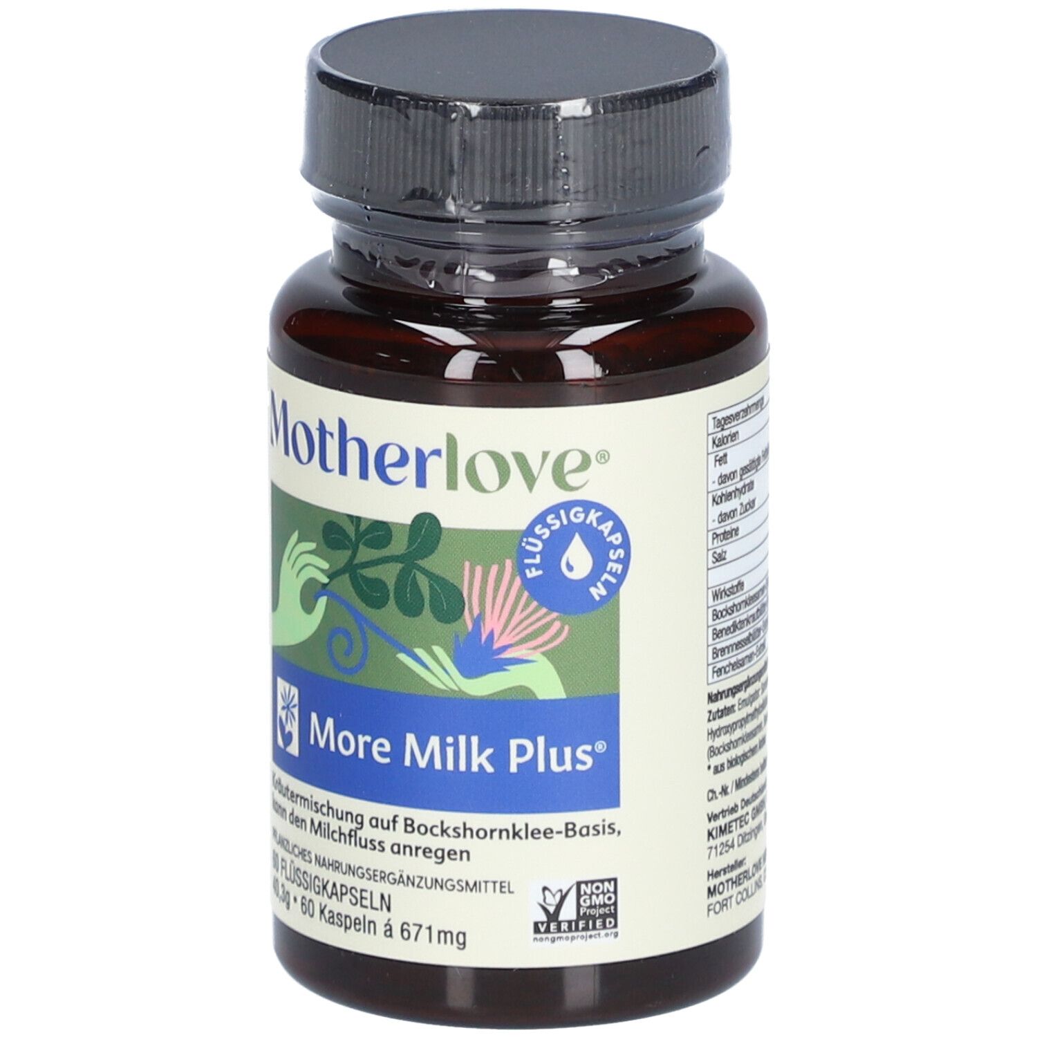 Braune Flasche mit schwarzem Deckel. Aufschrift: Motherlove More Milk Plus. 60 Kapseln. Mit Zertifizierung.