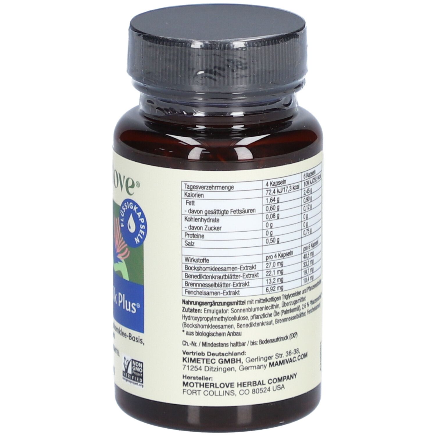 Braune Flasche mit schwarzem Deckel. Rückseite mit Nährwertangaben und Text. Vegan.