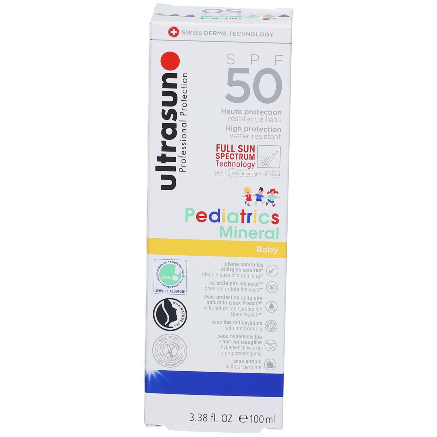 Weiße Verpackung. Aufschrift: ultrasun, SPF 50, Pediatrics Mineral. Logos und Informationen. 3.38 fl. oz. e 100 ml.