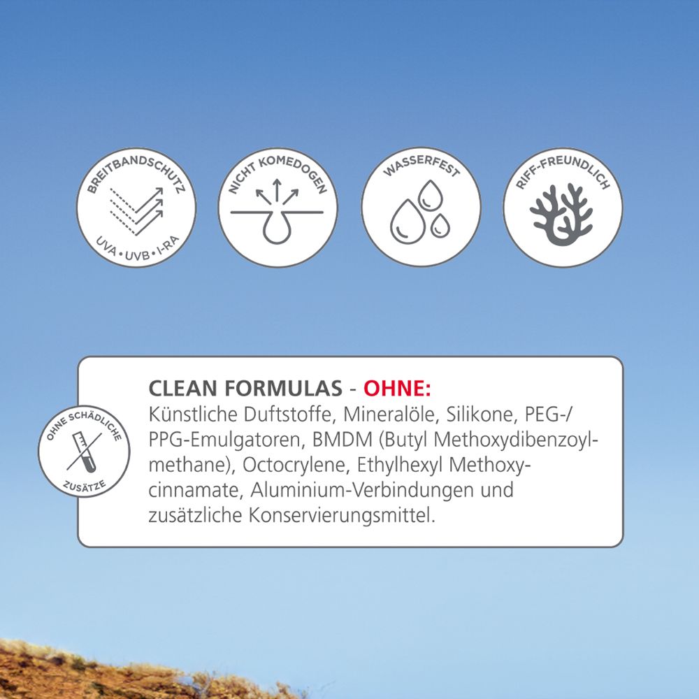 Champ de texte avec informations sur les ingrédients et les propriétés. Symboles pour protection à large spectre, non comédogène, résistant à l'eau, respectueux des récifs.
