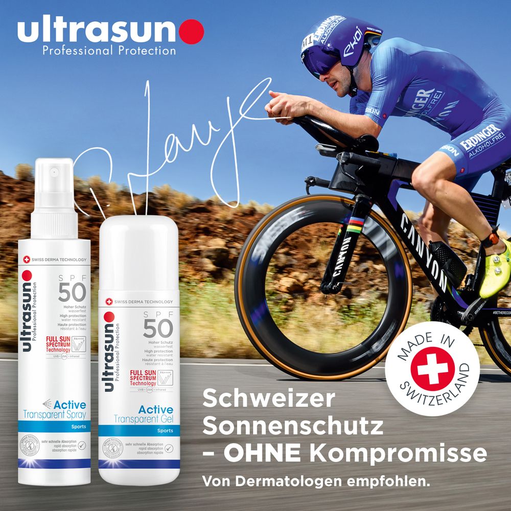Deux sprays et un gel. Inscription : ultrasun, SPF 50, Active Transparent. Cycliste en arrière-plan. Drapeau suisse.