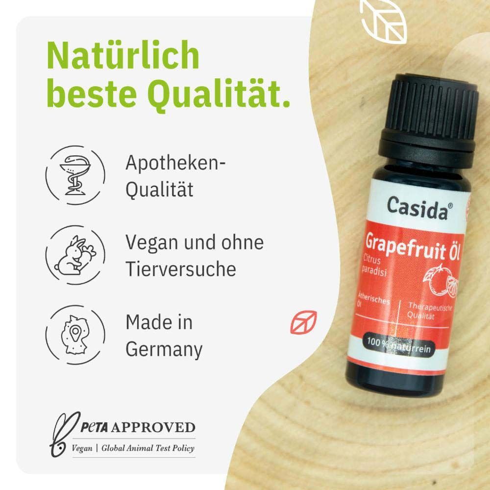 Bouteille d'huile de pamplemousse Casida® avec texte. Qualité pharmaceutique, végétalien et sans tests sur les animaux, Fabriqué en Allemagne, PCTA APPROUVÉ.