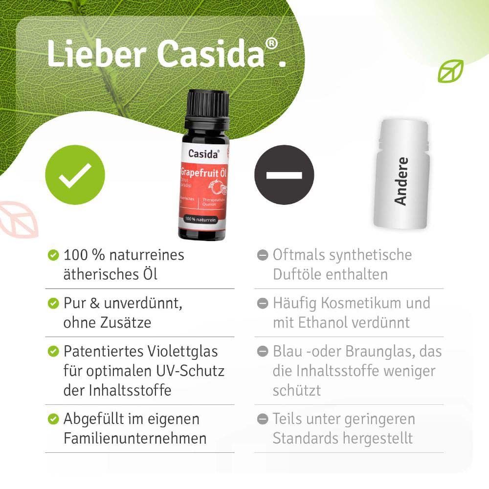 Bouteille d'huile de pamplemousse Casida® avec texte. Avantages: 100% huile essentielle pure, pure et non diluée, verre violet breveté, rempli dans une entreprise familiale.