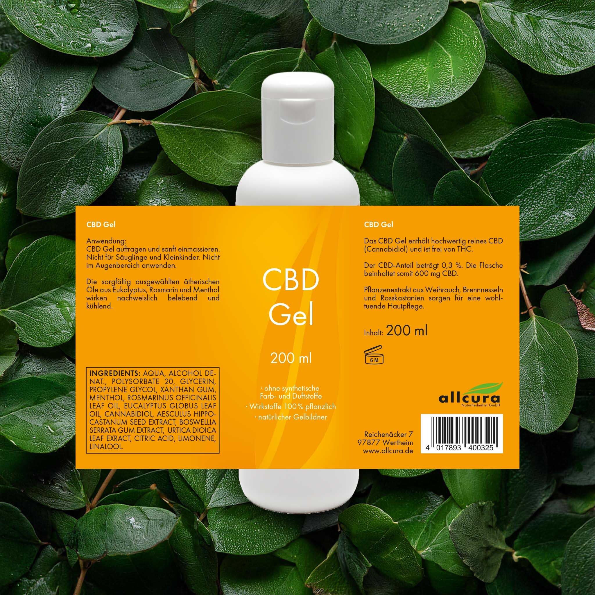 Gelbes Etikett mit Text: CBD Gel, 200 ml. Inhaltsstoffe: Aqua, Alkohol, etc. Anwendungshinweise. Allcura Logo.