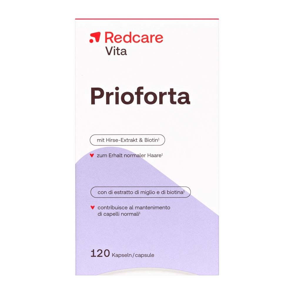 Boîte blanche avec logo rouge. Inscription : Prioforta, 120 gélules. Contient extrait de millet et biotine.