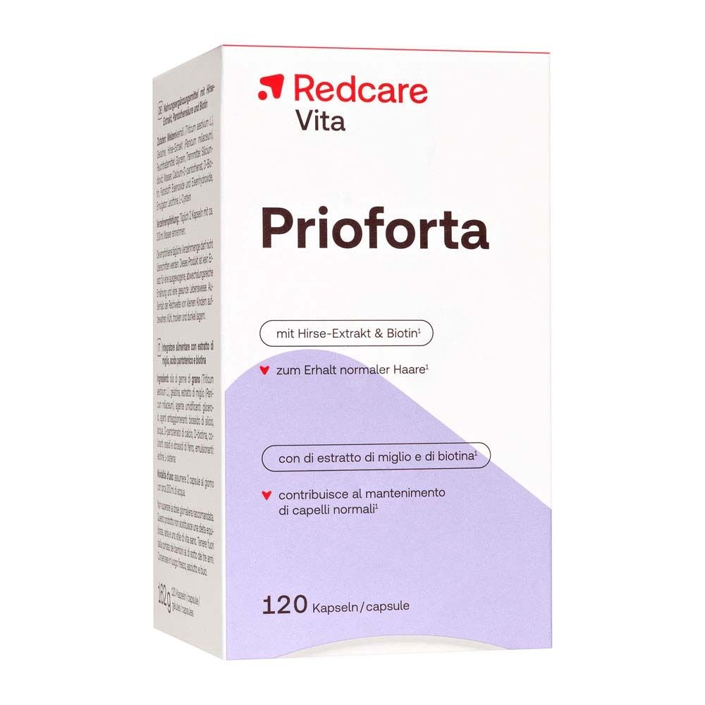 Boîte avec logo rouge. Inscription : Prioforta, 120 gélules. Contient extrait de millet et biotine. Vue en biais.