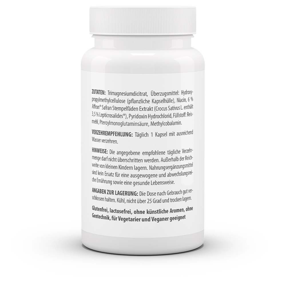 Rückseite der weißen Flasche mit Kapseln. Auflistung der Inhaltsstoffe, Verzehrempfehlung und Lagerhinweise.